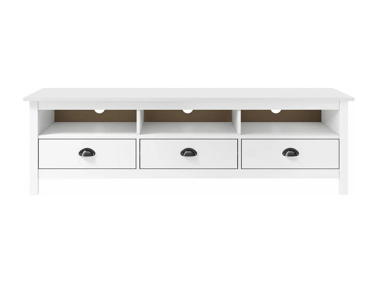 Meuble TV 3 tiroirs Kalexia 158cm - Bois de pin massif-Couleur Blanc et Chêne
