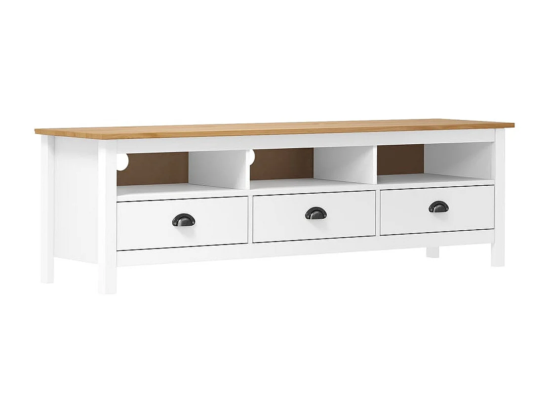 Meuble TV 3 tiroirs Kalexia 158cm - Bois de pin massif-Couleur Blanc et Chêne