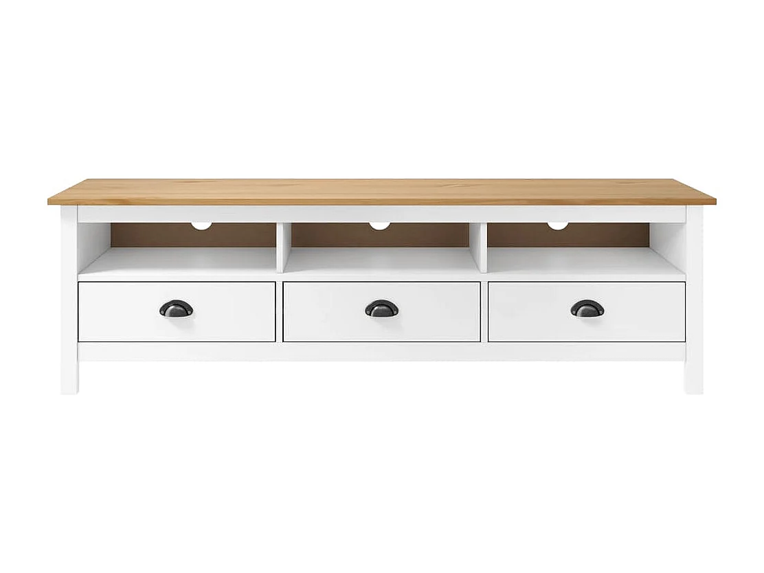 Meuble TV 3 tiroirs Kalexia 158cm - Bois de pin massif-Couleur Blanc et Chêne