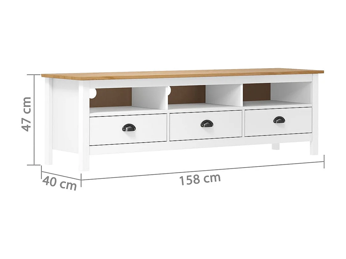 Meuble TV 3 tiroirs Kalexia 158cm - Bois de pin massif-Couleur Blanc et Chêne