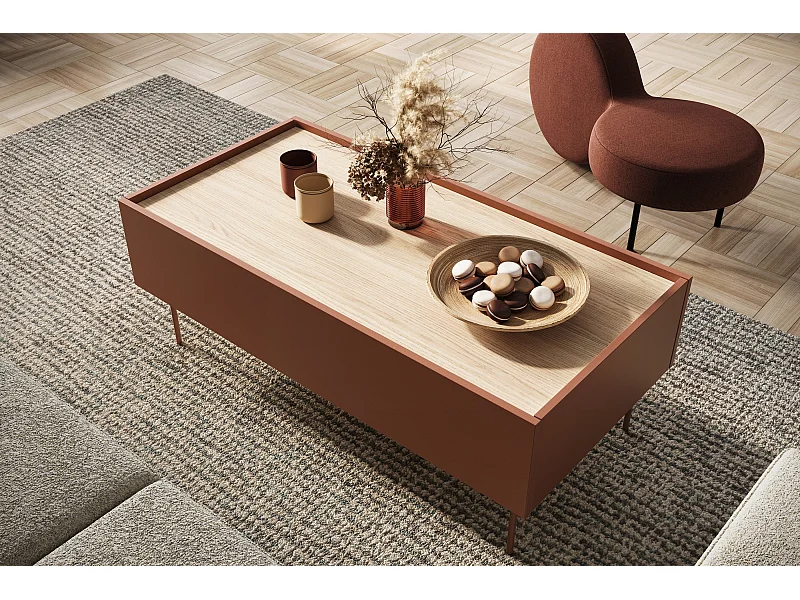 Mesa de centro com 2 gavetas e pés metálicos 120x45 cm