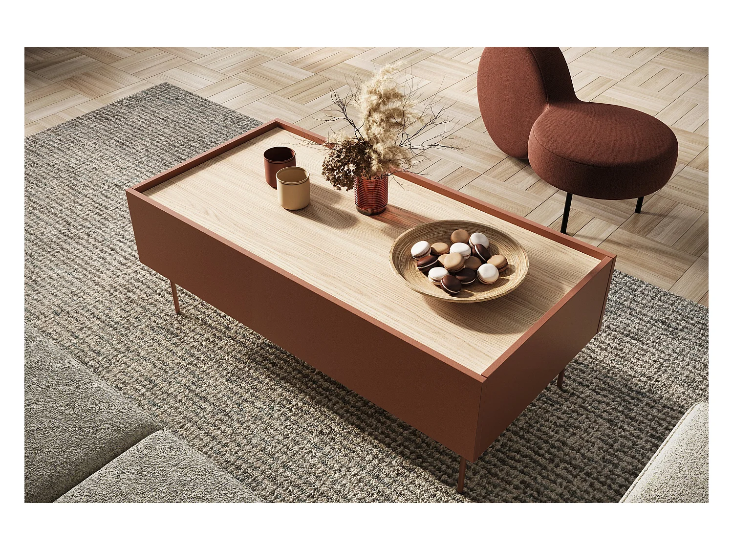 Couchtisch mit 2 Schubladen und Metallfuß, 120 x 45 cm