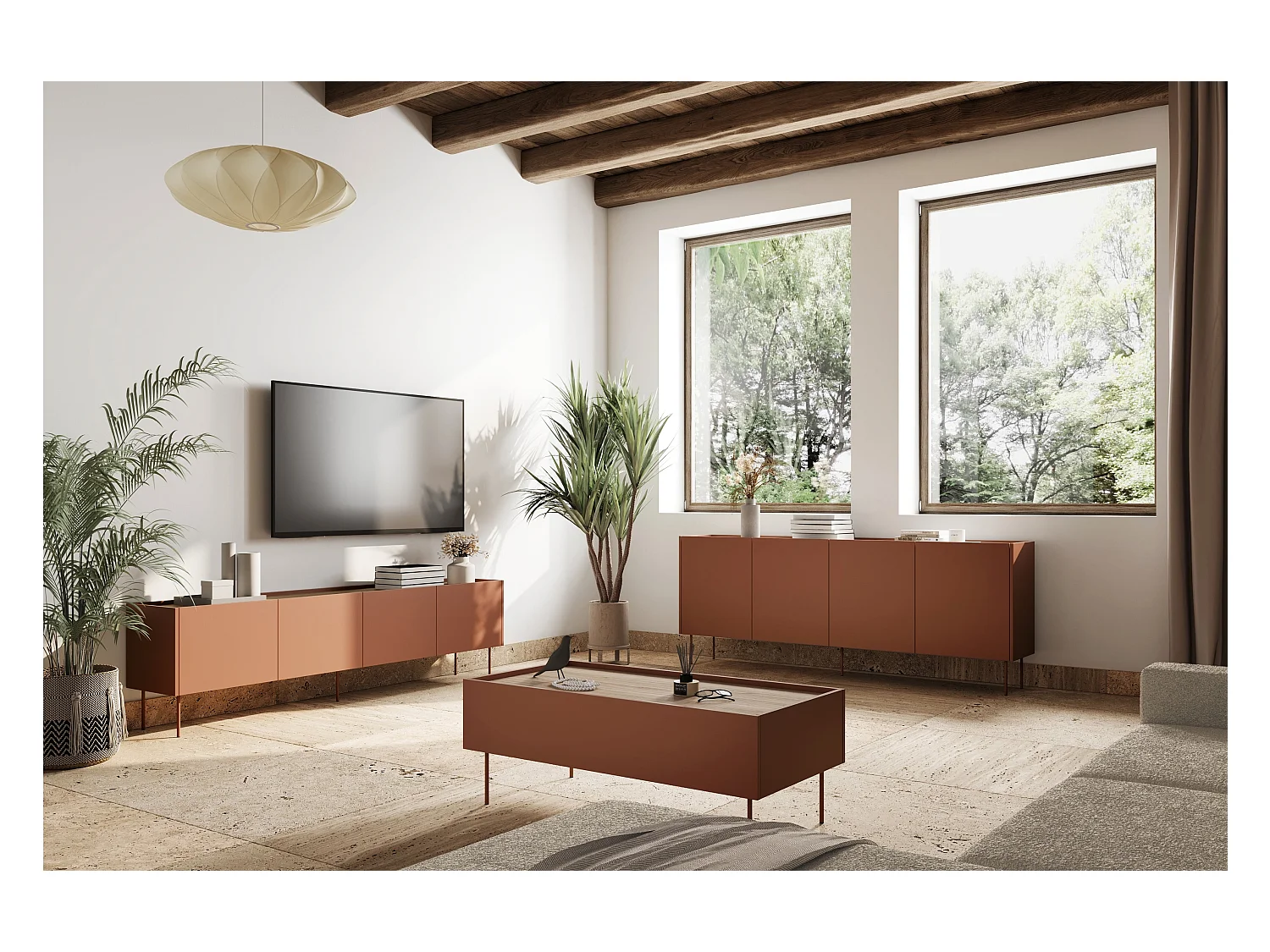 Couchtisch mit 2 Schubladen und Metallfuß, 120 x 45 cm