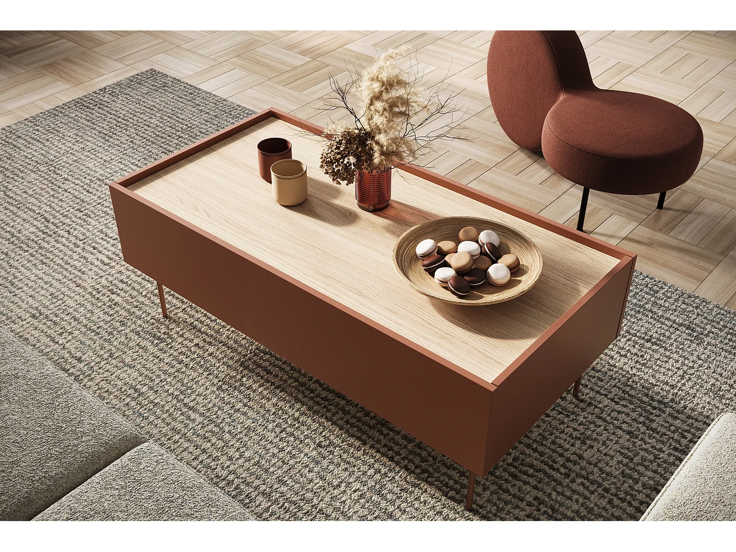 Mesa de centro com 2 gavetas e pés metálicos 120x45 cm