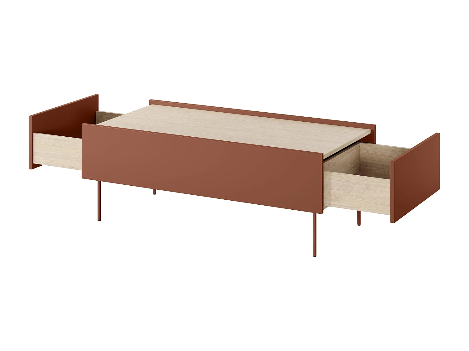 Mesa de centro com 2 gavetas e pés metálicos 120x45 cm