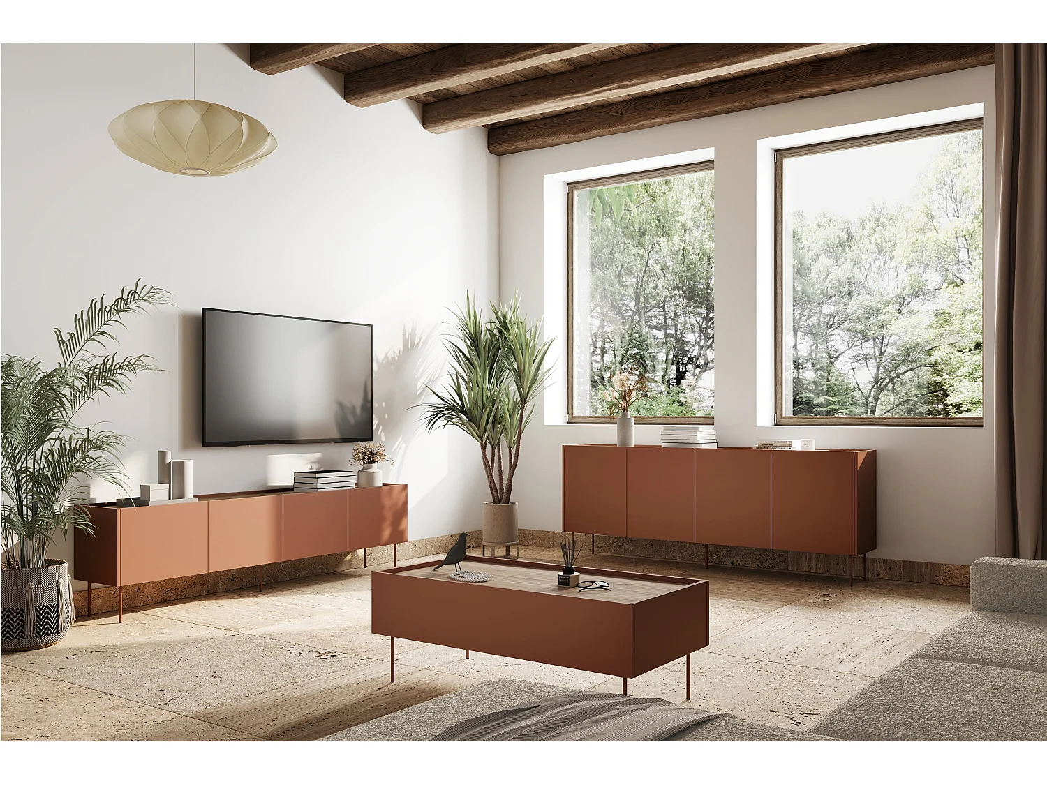 Mesa de centro com 2 gavetas e pés metálicos 120x45 cm