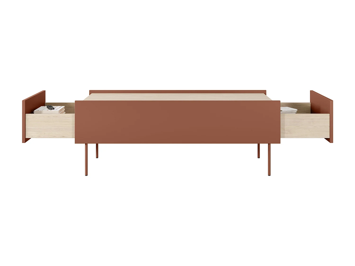 Mesa de centro com 2 gavetas e pés metálicos 120x45 cm