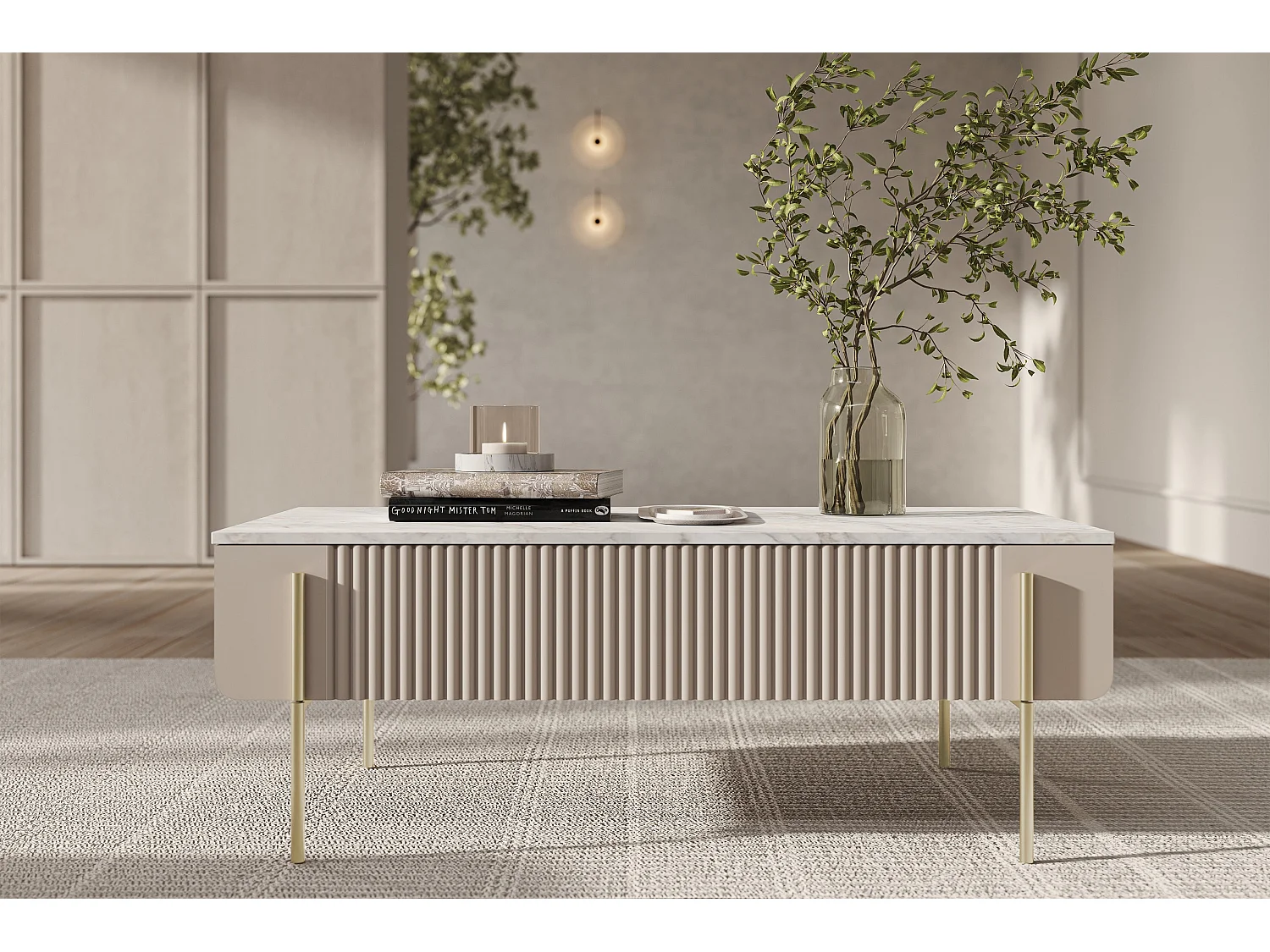 Mesa de centro com 2 gavetas e pé de metal em caxemira 100x40 cm
