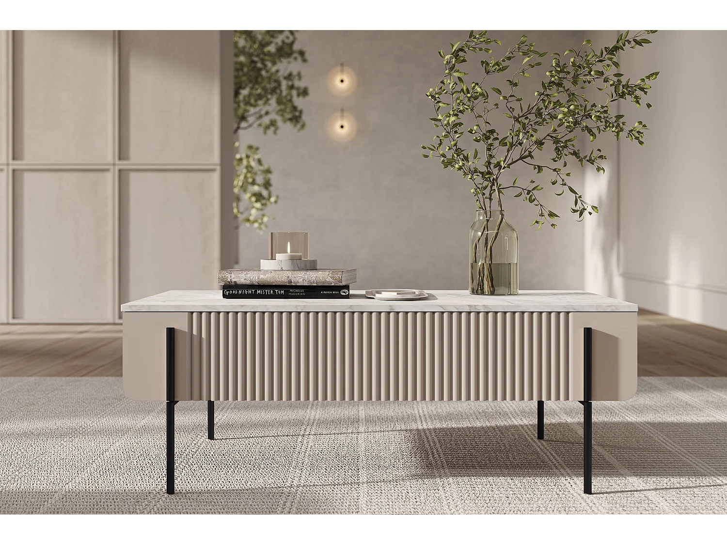 Mesa de centro com 2 gavetas e pé de metal em caxemira 100x40 cm