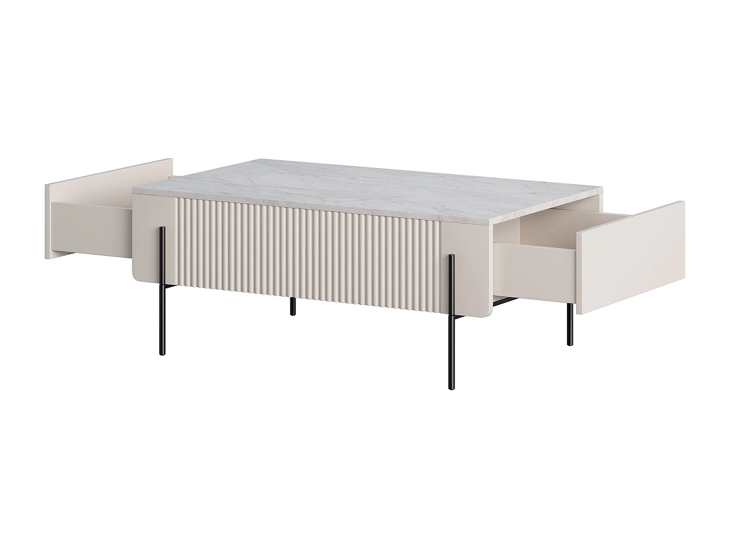 Mesa de centro com 2 gavetas e pé de metal em caxemira 100x40 cm