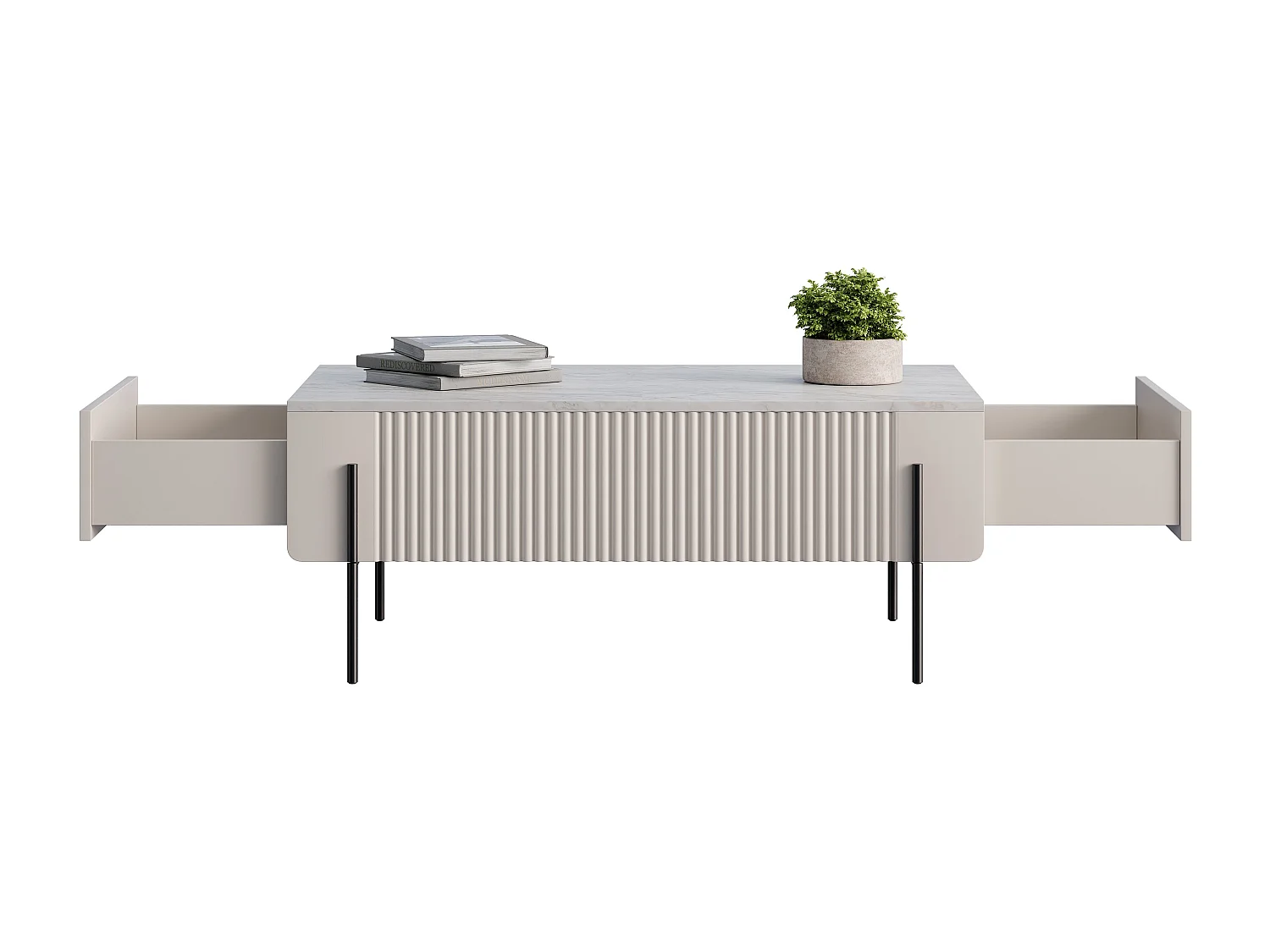 Mesa de centro com 2 gavetas e pé de metal em caxemira 100x40 cm