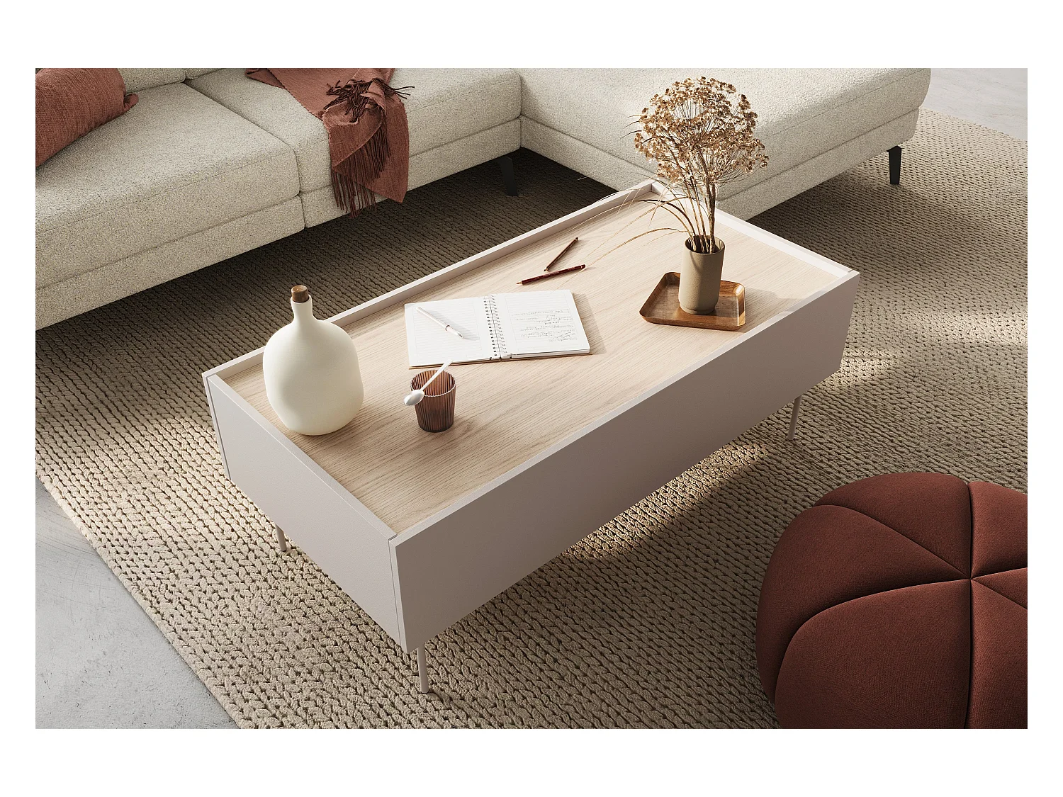 Couchtisch mit 2 Schubladen und Metallfuß, 120 x 45 cm