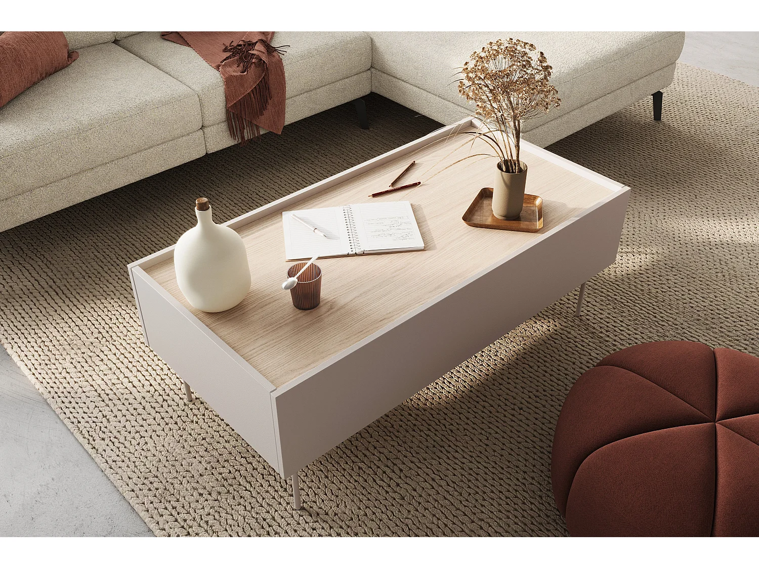 Mesa de centro com 2 gavetas e pés metálicos 120x45 cm