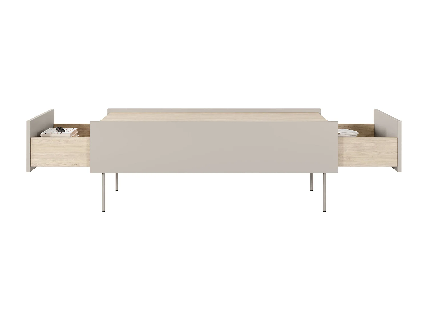 Mesa de centro com 2 gavetas e pés metálicos 120x45 cm
