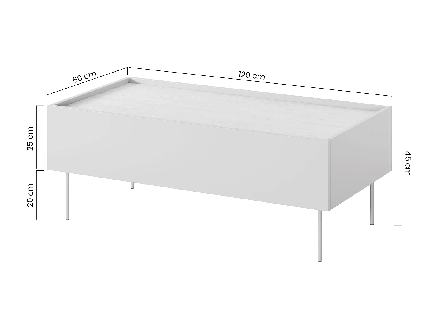 Mesa de centro com 2 gavetas e pés metálicos 120x45 cm