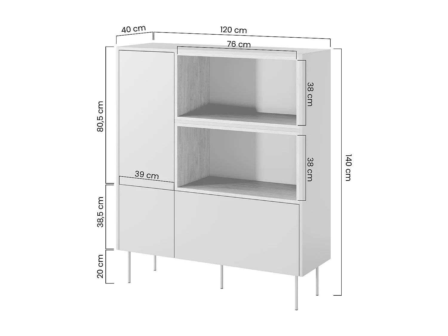 Cómoda 2 puertas 1 cajón con pie metálico 120x140 cm