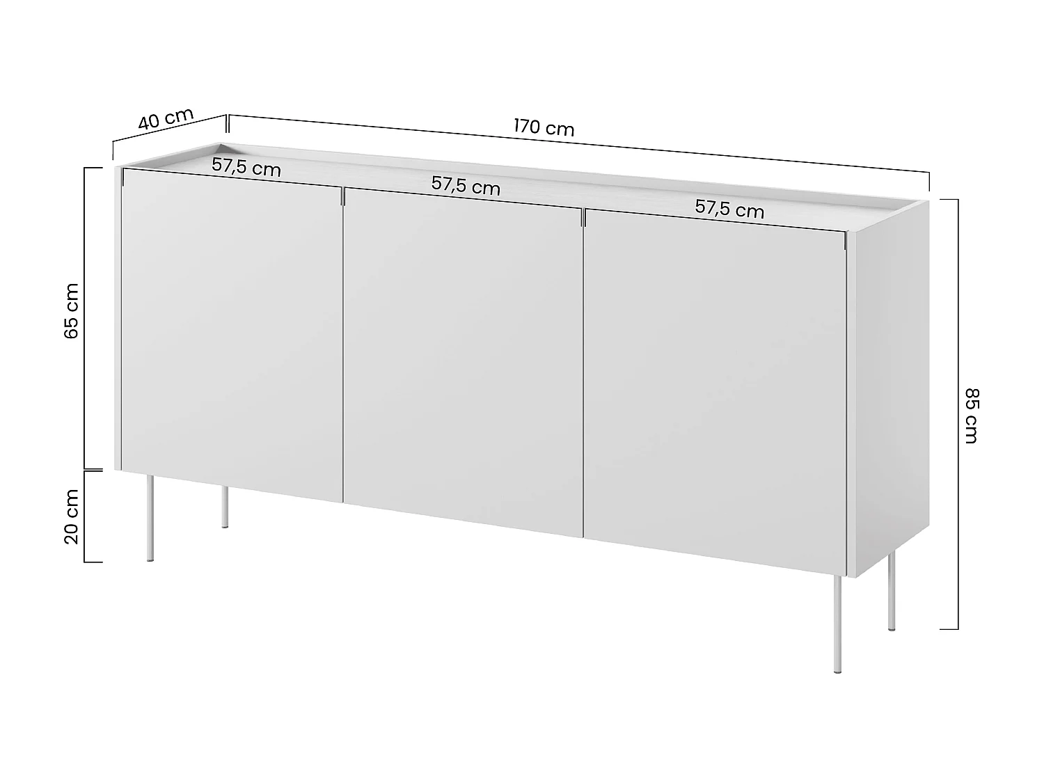 Cômoda 3 portas com pé metálico 170x85 cm