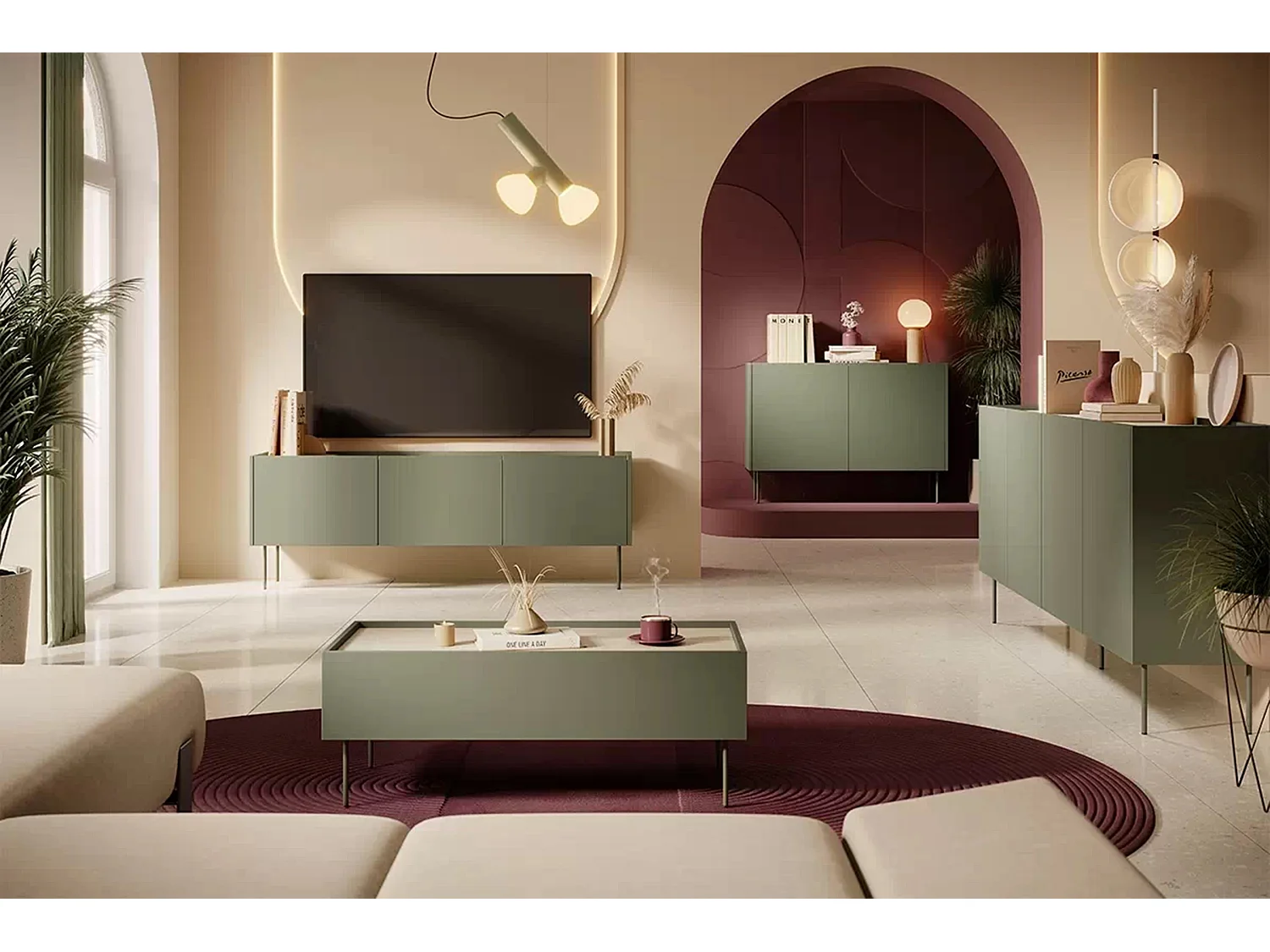 Kommode mit 4 Türen und 4 Schubladen mit Metallfuß 220x85 cm