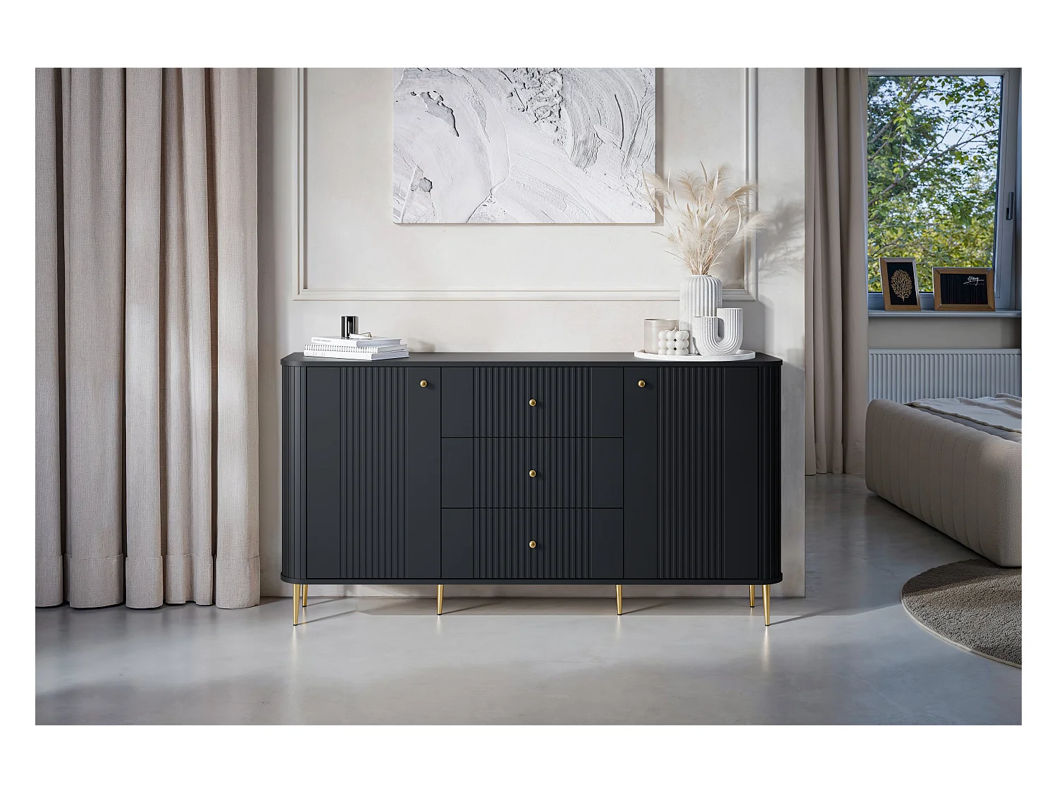 Cómoda de 2 puertas y 3 cajones con pie de metal 160x85 cm