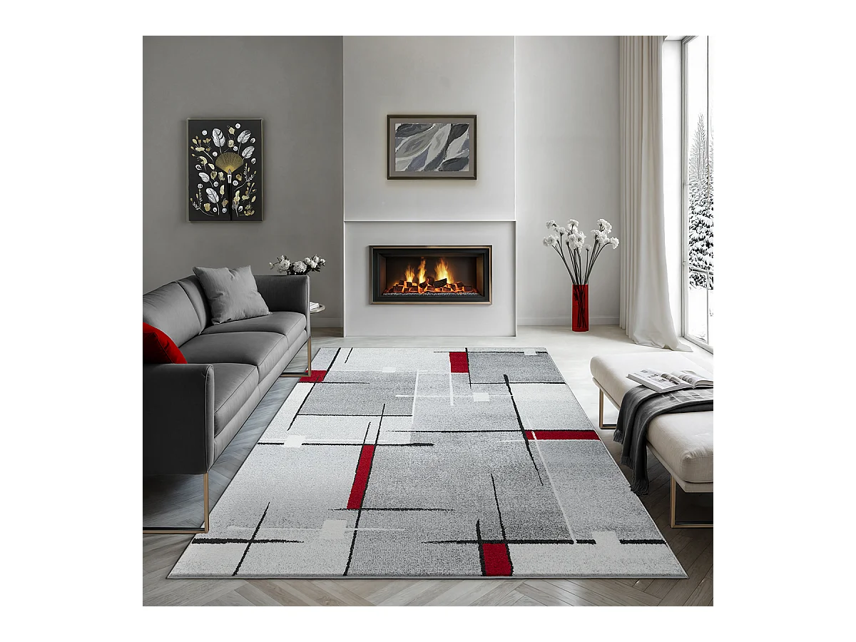 Tapis Pearl moderne salon poil court, Gris Rouge, 140 x 200 cm