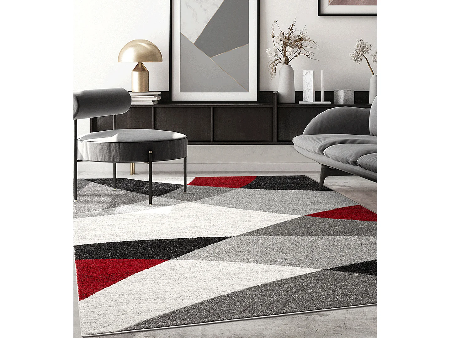 Tapis Pearl moderne salon découpe contour, Gris Rouge, 160 x 220 cm