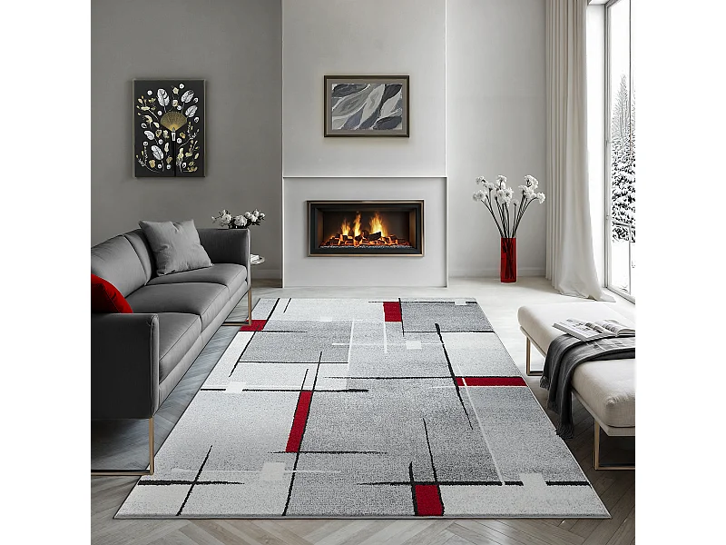Tapis Pearl moderne salon poil court, Gris Rouge, 120 x 160 cm