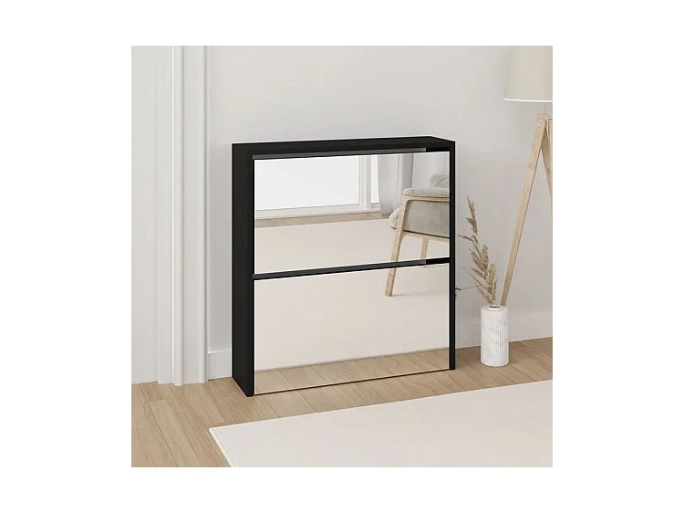 Armoire à chaussures 2 portes rabattables avec miroir Ranka H 67cm – Design moderne et élégant-Couleur Noir