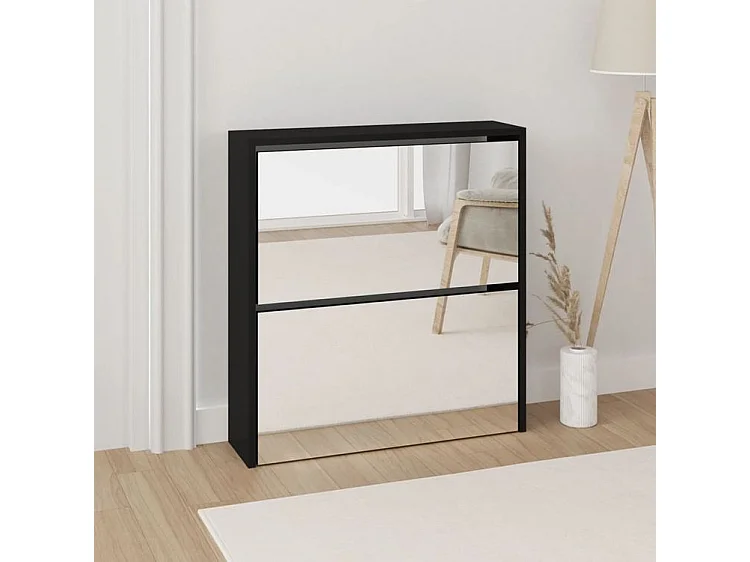 Armoire à chaussures 2 portes rabattables avec miroir Ranka H 67cm – Design moderne et élégant-Couleur Noir