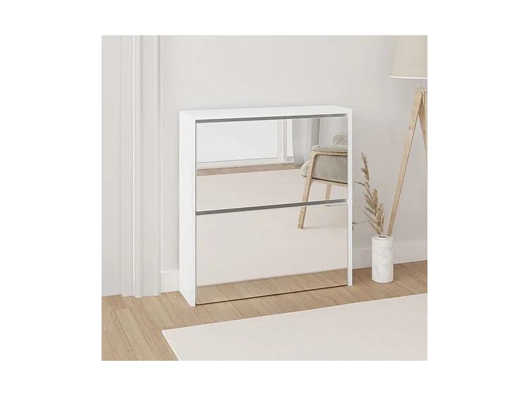 Armoire à chaussures 2 portes rabattables avec miroir Ranka H 67cm – Design moderne et élégant-Couleur Blanc brillant