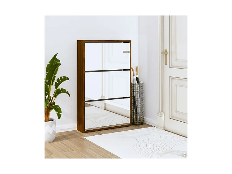 Armoire à chaussures 3 portes rabattables avec miroir Ranka H 102cm – Design moderne et élégant-Couleur Chêne brun