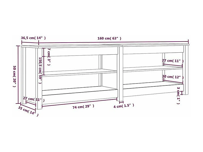 Banc à chaussures 160x36,5x50 Bois de pin massif