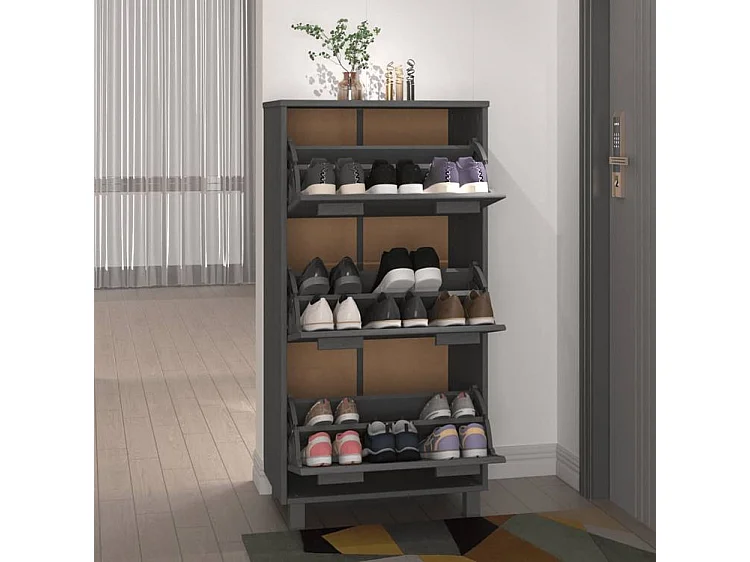 Armoire à chaussures en pin massif Verla L 60x117 - Format Pratique-Couleur Gris foncé