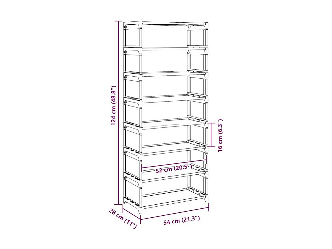 Étagère à chaussures 8 niveaux gris 54x28x124 tissu non-tissé