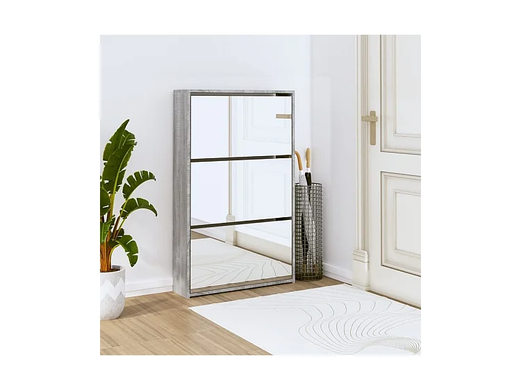 Armoire à chaussures 3 portes rabattables avec miroir Ranka H 102cm – Design moderne et élégant-Couleur Chêne gris