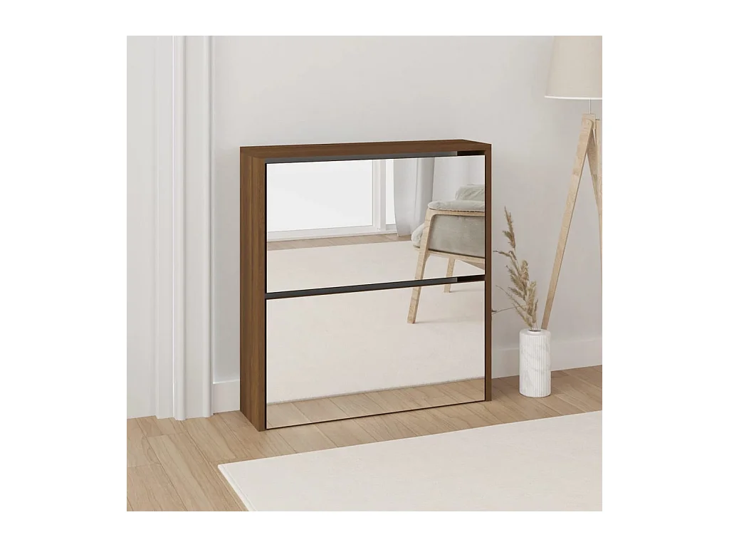 Armoire à chaussures 2 portes rabattables avec miroir Ranka H 67cm – Design moderne et élégant-Couleur Chêne brun