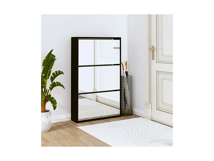 Armoire à chaussures 3 portes rabattables avec miroir Ranka H 102cm – Design moderne et élégant-Couleur Noir