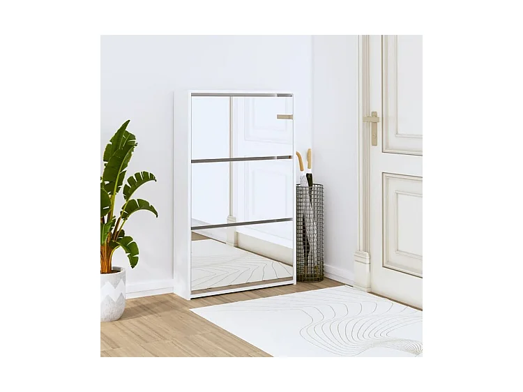 Armoire à chaussures 3 portes rabattables avec miroir Ranka H 102cm – Design moderne et élégant-Couleur Blanc brillant