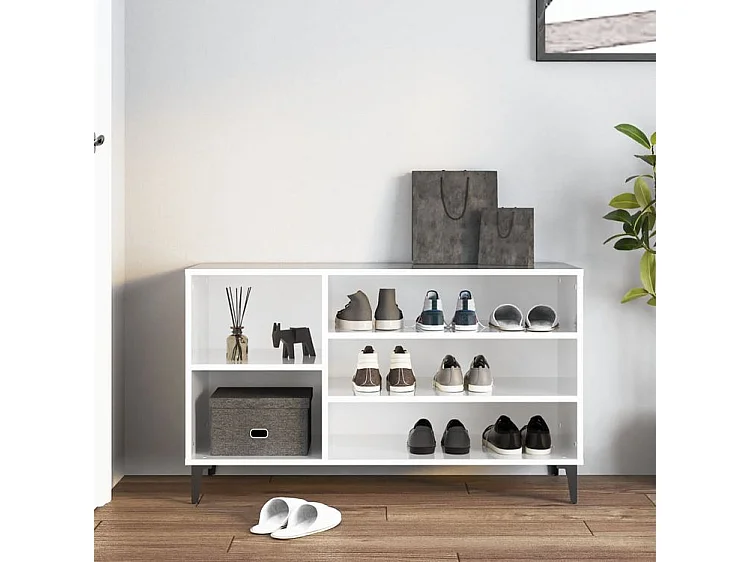 Meuble à chaussures Briko – Style et rangement optimal-Couleur Blanc brillant-Modèle de pieds Noir fin