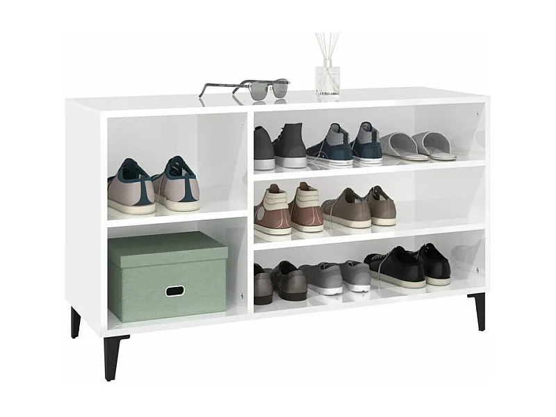 Meuble à chaussures Briko – Style et rangement optimal-Couleur Blanc brillant-Modèle de pieds Noir fin
