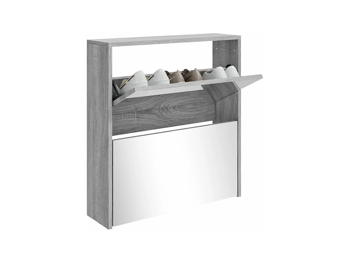 Armoire à chaussures 2 portes rabattables avec miroir Ranka H 67cm – Design moderne et élégant-Couleur Chêne gris