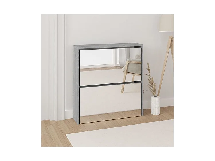 Armoire à chaussures 2 portes rabattables avec miroir Ranka H 67cm – Design moderne et élégant-Couleur Chêne gris