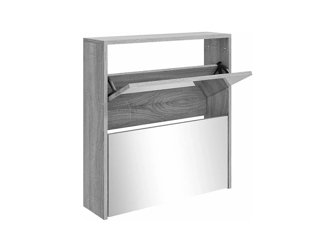 Armoire à chaussures 2 portes rabattables avec miroir Ranka H 67cm – Design moderne et élégant-Couleur Chêne gris