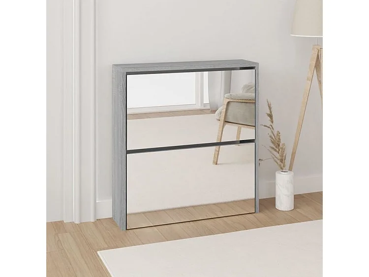 Armoire à chaussures 2 portes rabattables avec miroir Ranka H 67cm – Design moderne et élégant-Couleur Chêne gris