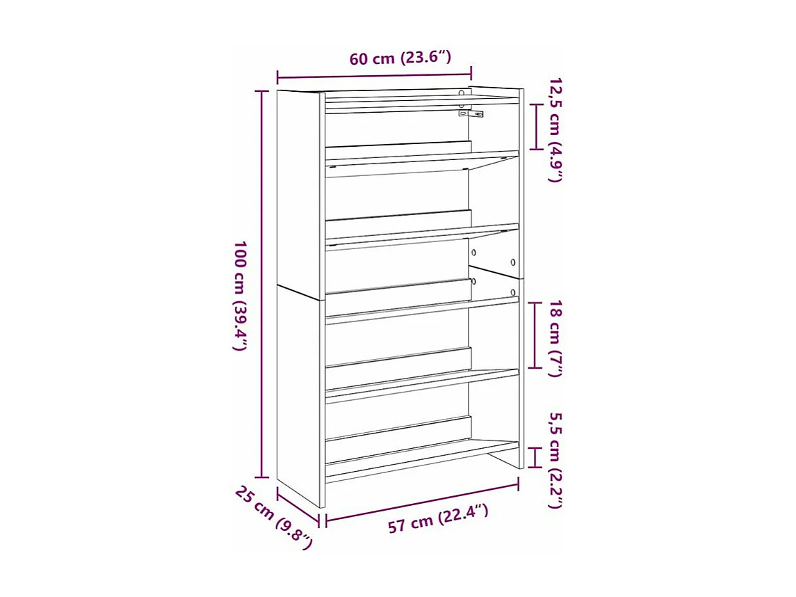 Étagère à chaussures en bois Manda L 60 x H 100cm - Rangement 5 niveaux-Couleur Gris béton