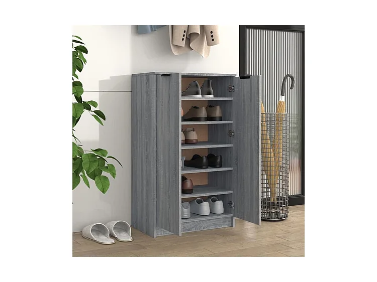 Armoire à chaussures multifonction avec petite penderie L59xP35xH100 - Simplicité et Solidité-Couleur Chêne gris