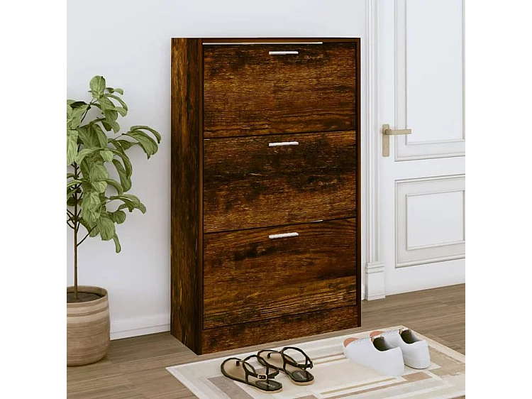 Armoire à chaussures en bois Puerto L63xH103xP24 – 3 portes rabattables-Couleur Marron fumé