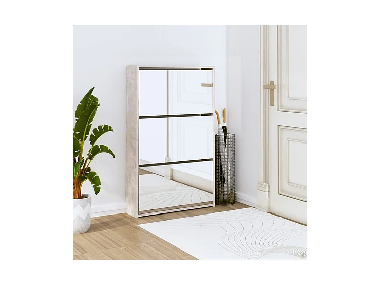 Armoire à chaussures 3 portes rabattables avec miroir Ranka H 102cm – Design moderne et élégant-Couleur Gris béton