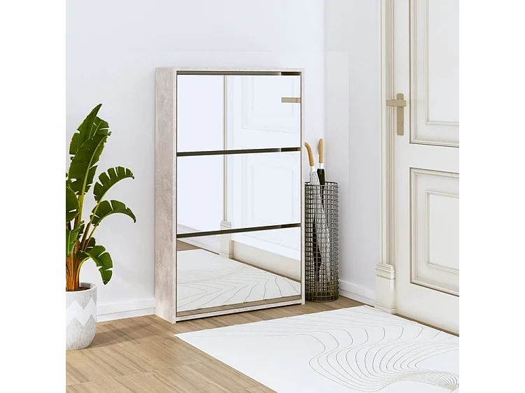 Armoire à chaussures 3 portes rabattables avec miroir Ranka H 102cm – Design moderne et élégant-Couleur Gris béton