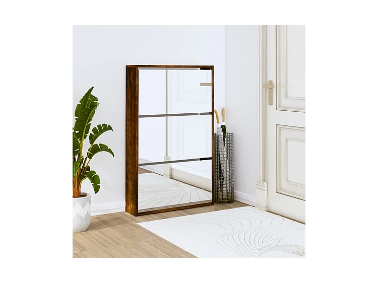 Armoire à chaussures 3 portes rabattables avec miroir Ranka H 102cm – Design moderne et élégant-Couleur Marron