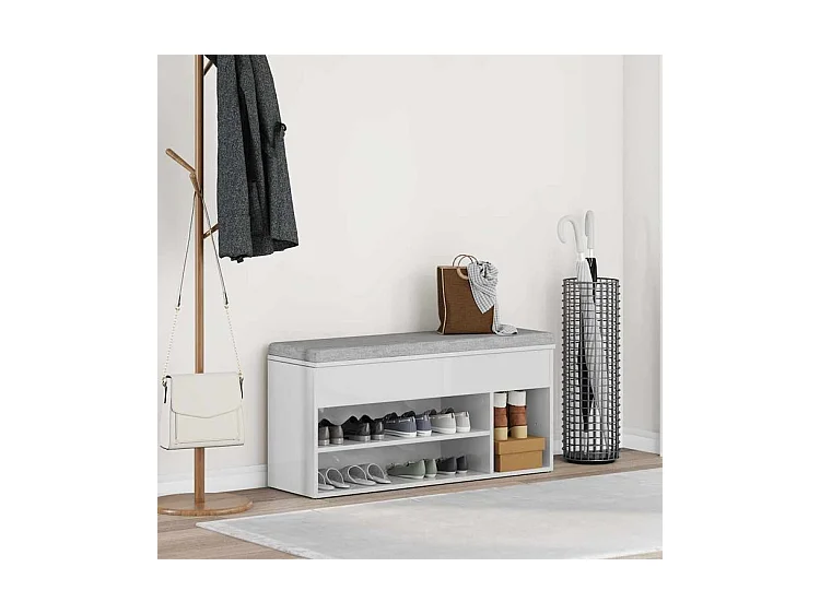 Banc à chaussures blanc brillant 102x30,5x45 bois ingénierie